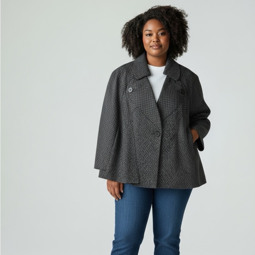 Nine West Black Plaid 3/4 Split Sleeve Swing Coat - Size 16W